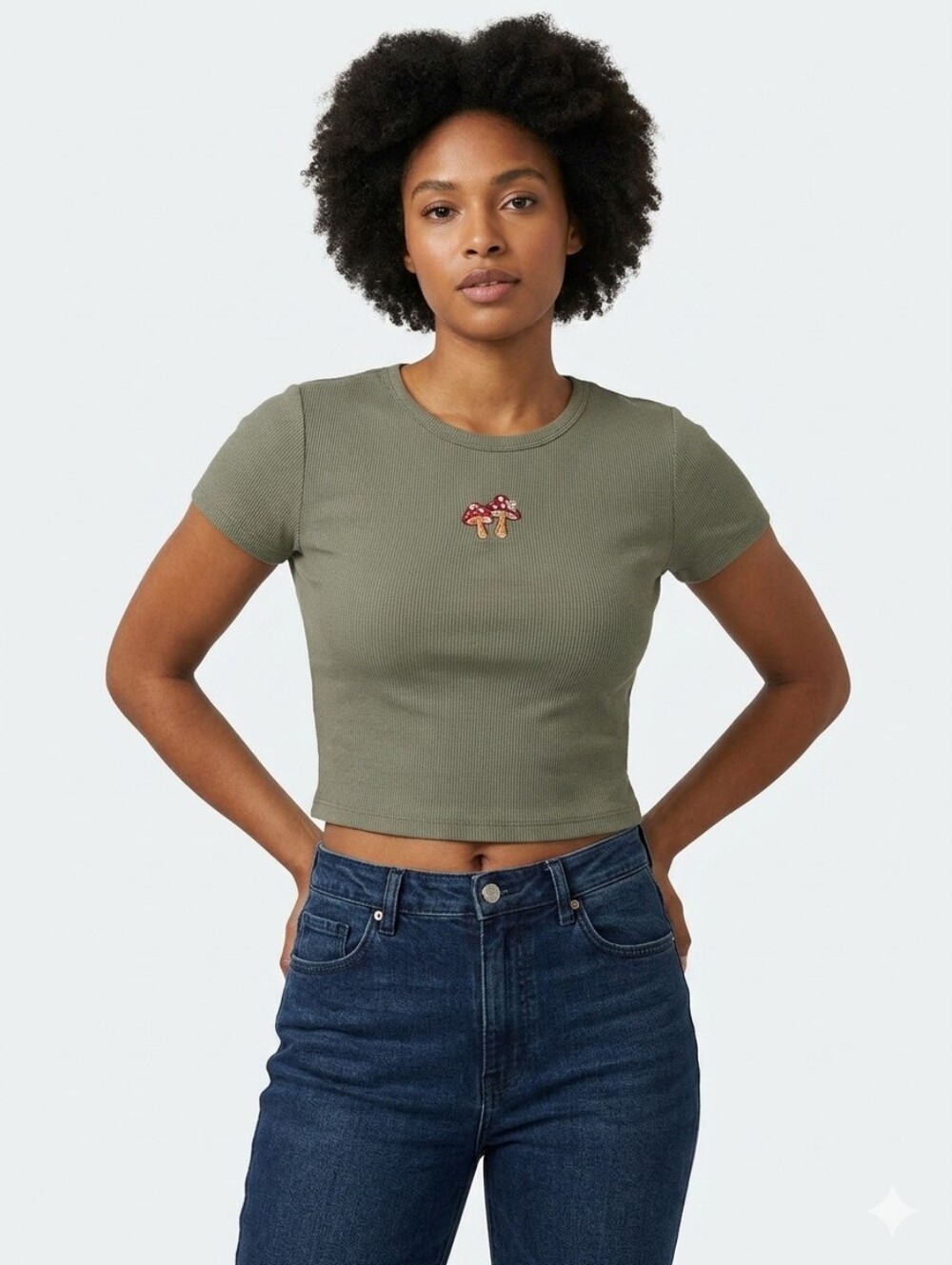 Haley & June Olive Green Ribbed Crop Tee with Mushroom Patch Size Large